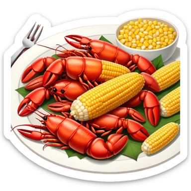 crawfish boil, table covered with crawfish, corn, and sausage sticker