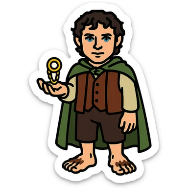 Whole body image of Frodo Baggins from the lord of the rings movie in pixel art style. Make Frodo look like the actor that portrayed him in the movie, Elijah Wood, blue eyes and dark curly hair. Frodo is wearing the same green elven cloak with the leaf buckle, brown vest, cream undershirt, dark brown leather short pants, and hairy hobbit feet. He is holding the one ring in the palm of his outstretched hand. the ring is golden yellow and a golden link chain necklace is strung through it. sticker