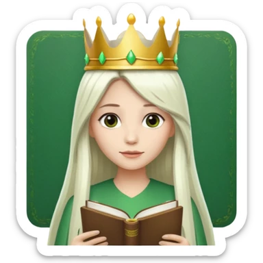 Long Hair Women with green Book, White straight hair, crown

 sticker