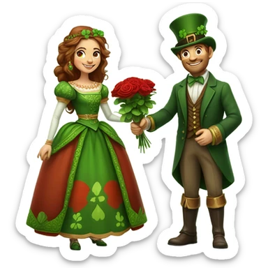 Short leprechaun giving red roses and clovers to a much taller brown haired queen sticker
