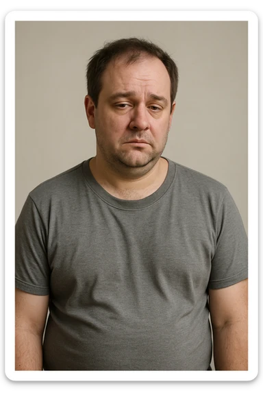 Un uomo caucasico di 35-45 anni, in CGI fotorealistico, che mostra i segni fisici ed emotivi di un basso livello di testosterone. sticker