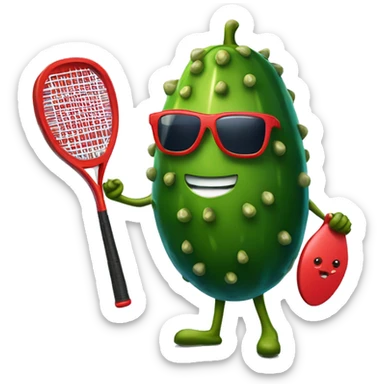 pickle holding a solid red paddle ball racket, blue backgound, wearing sunglasses sticker