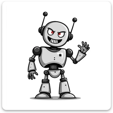 Hand-drawn evil robot with scary face and mechanical parts sticker