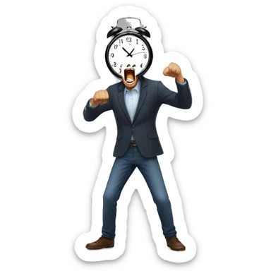 man yelling at person with large clock sticker