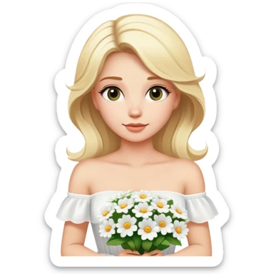 blonde woman in a white off-shoulder dress with a bouquet of white flowers sticker