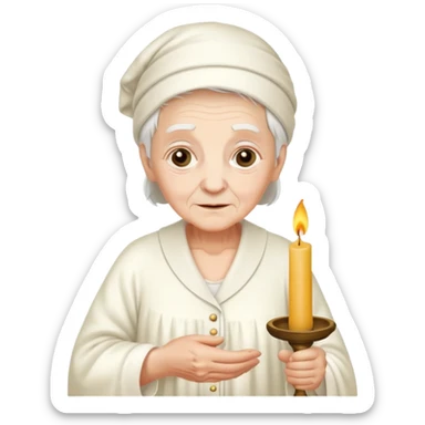 Old person in nightgown with candle and cap sticker