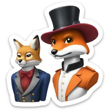 A Gundam and a fox with top hats  sticker