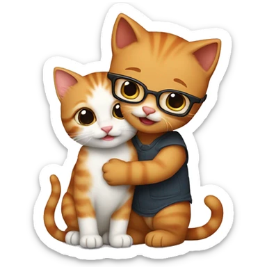 A ginger kitten (who is a girl) giving a hug to a kitten with brown fur(who is a man), only the brown kitten has glasses on sticker