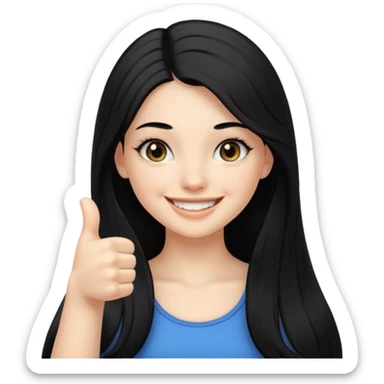 una chica sonriendo con un pulgar hacia arriba con el pelo largo negro y pestañas donrisa sin dientes, y q sea una chica guapa sticker