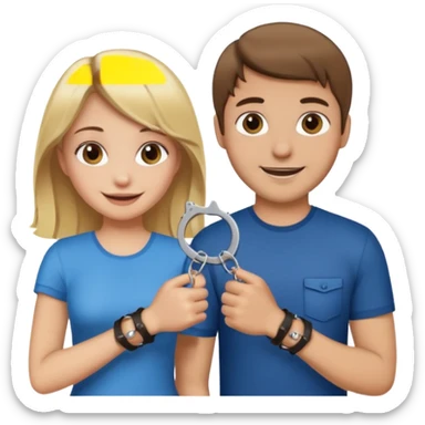 a blonde girl holding handcuffs with her brown haired boyfriend  sticker