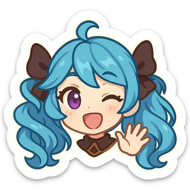 Gwen from League of Legends, chibi emote style, only head visible, right eye purple, excited hi expression, waving hand, eyes open, cute and expressive sticker