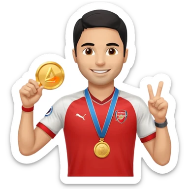 Mikel Arteta wearing an Arsenal shirt while holding a second place medal up and is very happy sticker