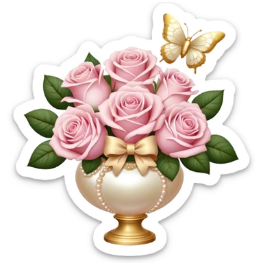 Realistic aesthetic bouquet of roses. Three white and three light pink in a pearl vase and a beige bow with gold decoration and a butterfly with gold and beige wings sticker