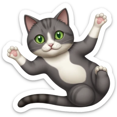 dark grey cat with green eyes, white toes/paws and white patch on her chest playfully rolling upside down sticker