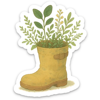 rain boot with plants growing out, gentle earthy tones, soft pastel colors, ghibli style sticker