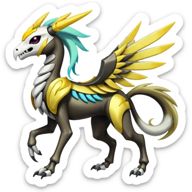 Colorful Shiny Vibrant neon-colored elemental Skeletal masked armored Meloetta-Silvally-Solgaleo-Raikou-Pokémon-Digimon-Fakémon-fusion-hybrid-creature, full body sticker