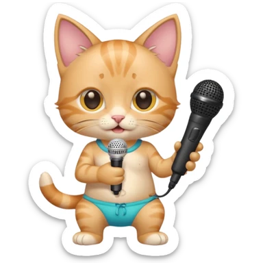 Kitten in swimming trunks with sun lotion and a microphone  sticker