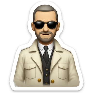 <excerpt>
A 1930s white man with real buzz cut Black hair, beard stubble donning small red tinted sun glasses in a dirty white trench coat, is serious.
</excerpt> sticker