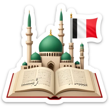 An icon featuring the mosque and the flag of United Arab Emirates, symbolizing the Arabic language. The design includes an open book with Arabic script and calligraphy, representing language learning and cultural heritage. Transparent background sticker