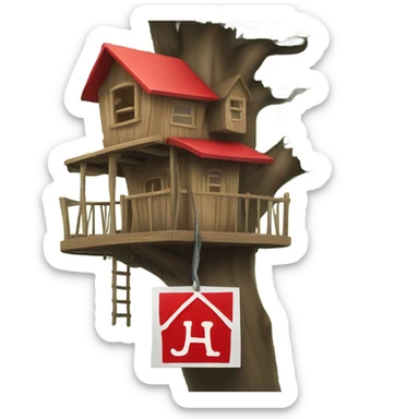 Treehouse with hanging red sign that’s reads OXG in white letters sticker