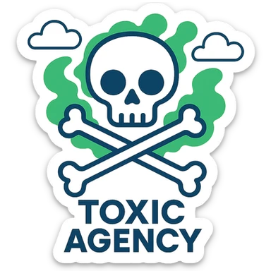 logo for 'Toxic Agency', skull and crossbones motif, bold lettering, green smoke accents, strong and impactful sticker