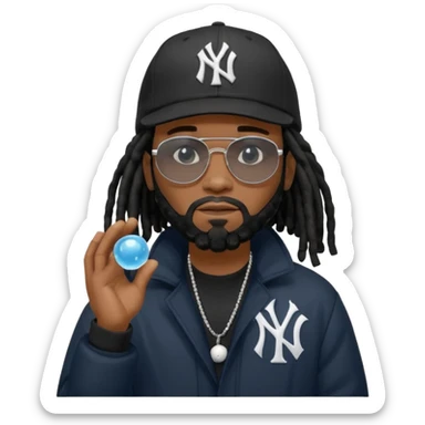 African American man with shoulder length black dreadlocks with black beard wearing black sunglasses wearing a black bubble winter coat wearing a New York Yankees baseball hat with his hands on top of head in thinking position sticker