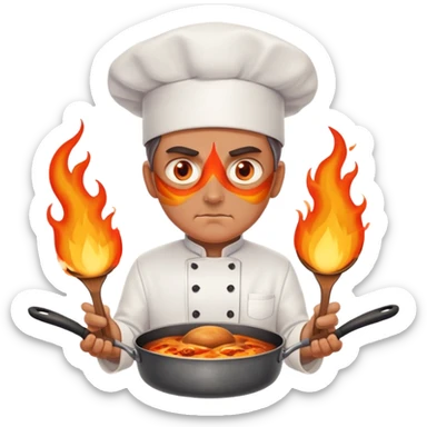 chef with intense flame eyes, crossing pans across chest in X formation sticker