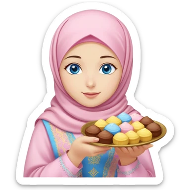 Turkish beautiful finish Konya girl blue eyes with powder pink yellow hijab islamic dress and had on her hand text Eid Mubarak with sweets and celebrating with her friends eid days   sticker
