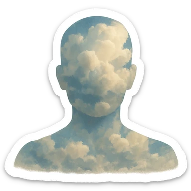 front-facing person from shoulders up, composed entirely of photo clouds inside, clouds styled like the reference sticker