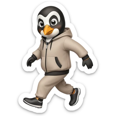 friendly anthropomorphised penguin wearing a mafia-style tracksuit, angry expression, tense hurried stride sticker
