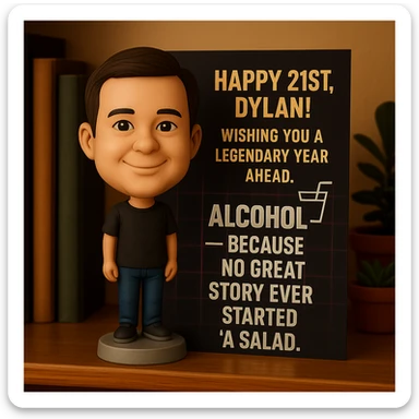 Add a birthday message: 'Happy 21st, Dylan! Wishing you a legendary year ahead.' Keep Dylan as a bobblehead character, minimal neon grid background, one drink icon, bold chrome text for the quote, and maintain the clean, balanced layout in the bobblehead style sticker