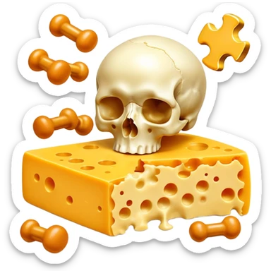 Ethereal vitamin K2 appearing as a golden key floating among pieces of aged cheese, egg yolk, and fermented natto. The key directs glowing calcium particles toward a single bone with a bright golden deposition point, illustrating K2's targeted calcium-directing function. sticker