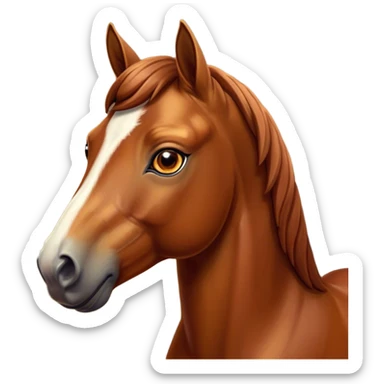 Cinematic Noble Chestnut Horse Portrait Emoji, Poised and regal, with a strong, athletic build and a lustrous, well-groomed chestnut fur, deep-set soulful amber eyes, Simplified yet sharp and sophisticated features, highly detailed, glowing with a warm, dignified glow, high shine, intelligent and majestic, stylized with an air of equine elegance, focused and attentive, soft glowing outline, capturing the essence of a watchful and confident steed, so majestic it feels as though it could gallop out of the screen with effortless authority! sticker