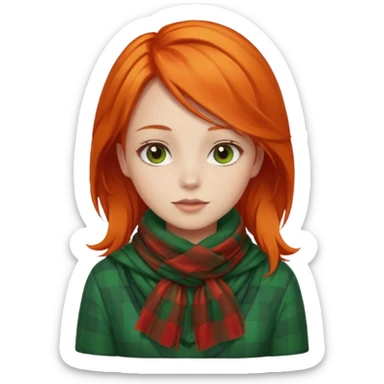 girl orange hair, wear red checkered scarf, green dress sticker