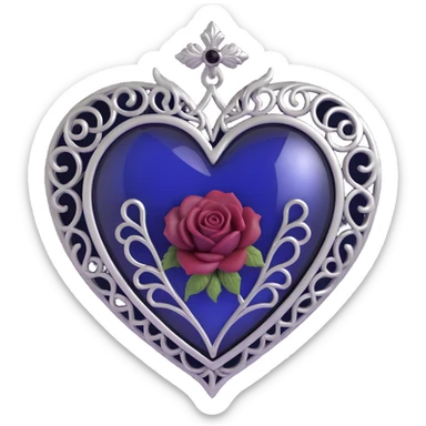gothic heart, deep indigo glass, silver filigree, black rose accent, moody and elegant sticker