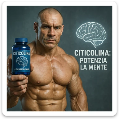 hyper realistic bodybuilder with Citicolina and brain symbol, sculpted muscles, blue bottle, brain icon next to it, text 'Citicolina: potenzia la mente', scientific atmosphere, realistic details sticker