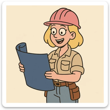 cartoon blonde female construction worker with pink hard hat, smiling, holding a blueprint, minimal background sticker