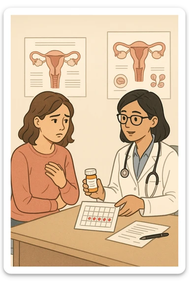 Donna con problemi di ciclo mestruale, quindi vuole dei farmaci per risolvere sticker