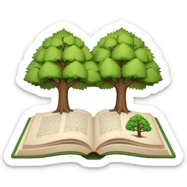 A 3D cartoon open book showing illustrations of two trees—one green and one dry—clean background, soft shadows, realistic Memoji-style look. sticker