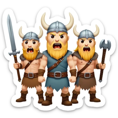three different Vikings scream, weapons in their hands, realistic sticker