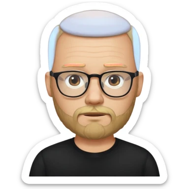 bearded blonde bald man with eyeglasses with black shirt sticker