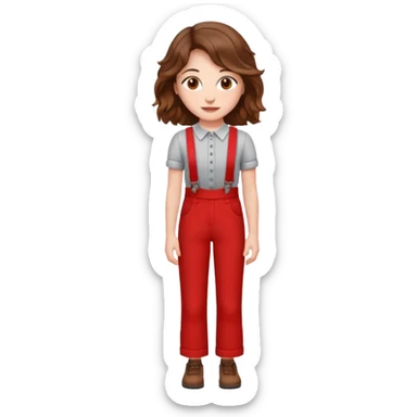 Woman with wavy brown hair and hazel eyes wearing red trouser braces. sticker