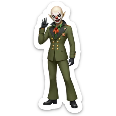 evil clown, bald, short black devil horns on forehead, fangs, pointed ears, black and military green leisure suit with bellbottom pants, realistically proportioned, less bulky, full body, battle-ready, fighting posture sticker