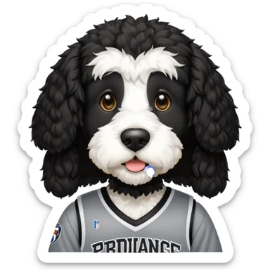 A black Bernedoodle with a white chest with a Providence friars basketball jersey on sticker