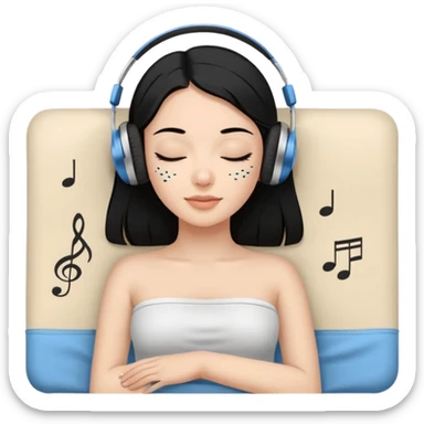 A stylized young woman with black hair lying on a massage table, relaxed, wearing headphones, small musical notes around the head. Flat vector style, thick black outline, simple palette (warm beige-brown tones + accent blue), clean background, high legibility at small size. 72x72, square, vector. sticker