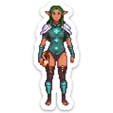 elf female Short wetsuit-style garb, glowing runes on skin, holding a conch horn. sticker