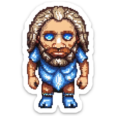 a bearded Neanderthal man with blue eyes, pixel art style, retro, blocky sticker