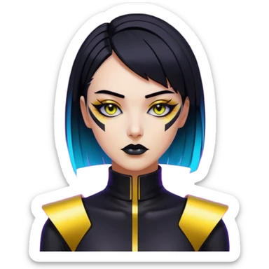 Cyberpunk woman, sleek black bob, gold neck cyberware, sharp eyeliner, neon lighting sticker