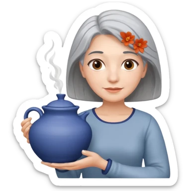 Woman with grey hair with ceramics sticker