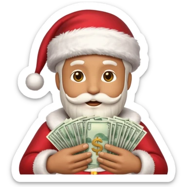 A confident rich emoji face wearing a Santa hat, money stacks, casino vibe, New Year theme, premium 3D emoji style, sharp details, no text, isolated on transparent background sticker